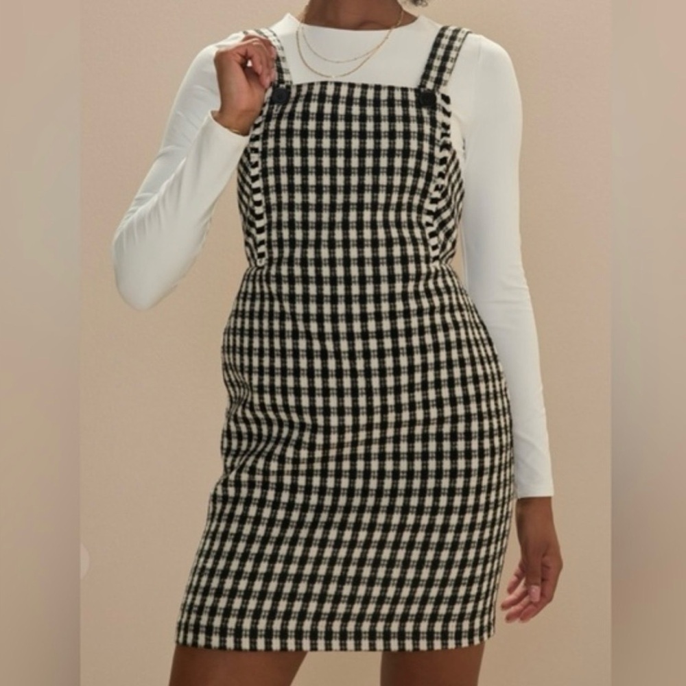 Francesca's Collections Black & White Gingham Mini Pinafore Dress